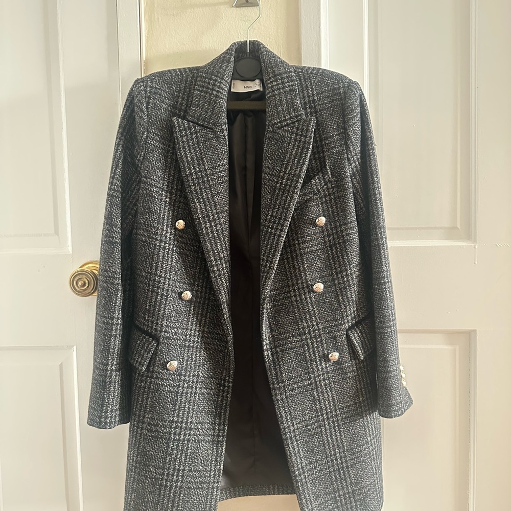 Mango Black and White Plaid Blazer
